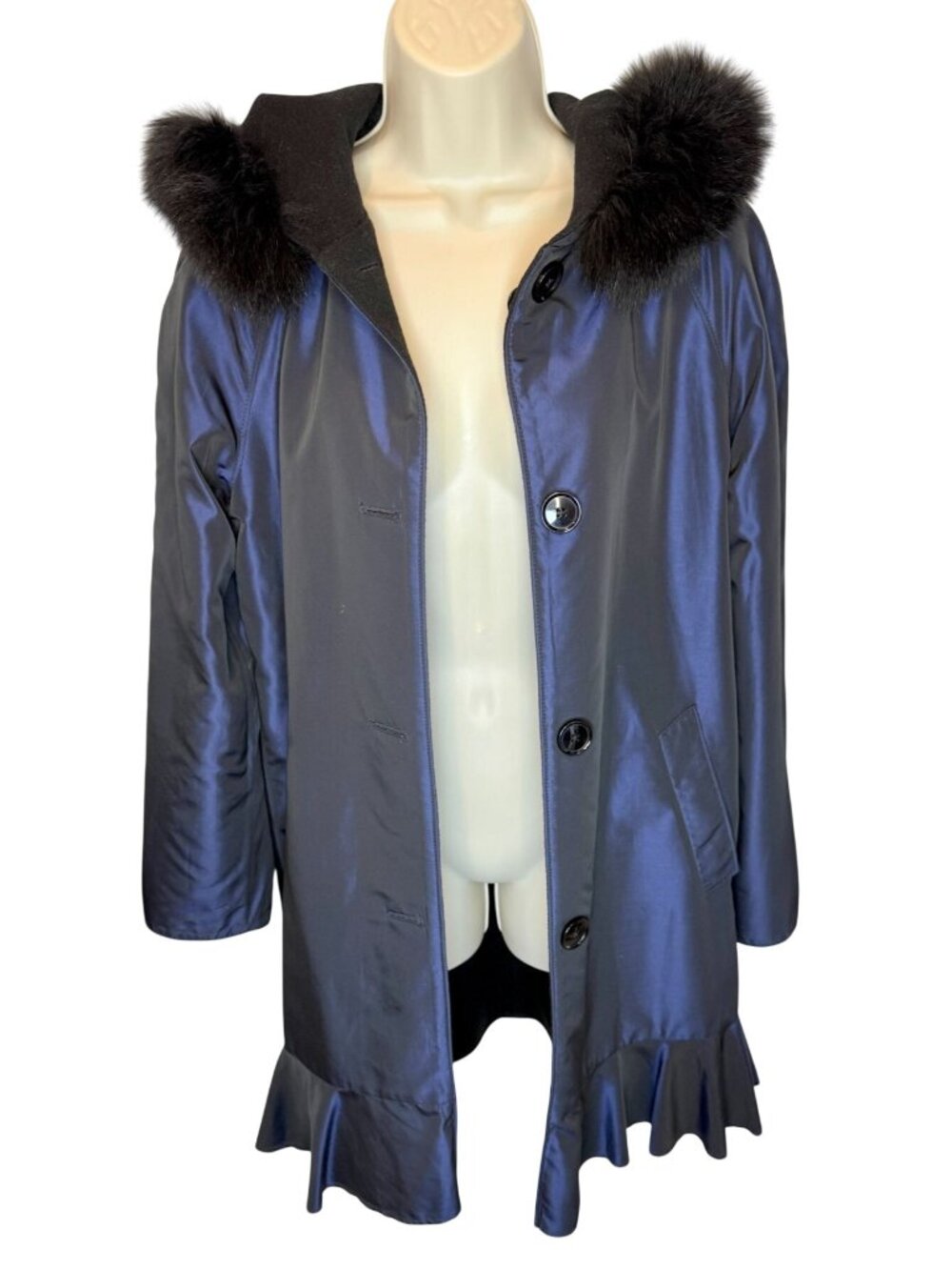 Sofia Cashmere Reversible Car Coat Fox Trimmed Hood Black Blue - Size 2 - Picture 3 of 9